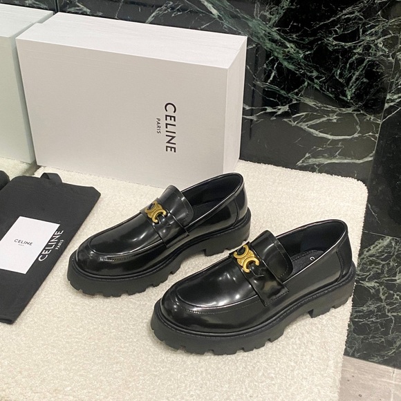 Celine Black Loafers with Gold Accent